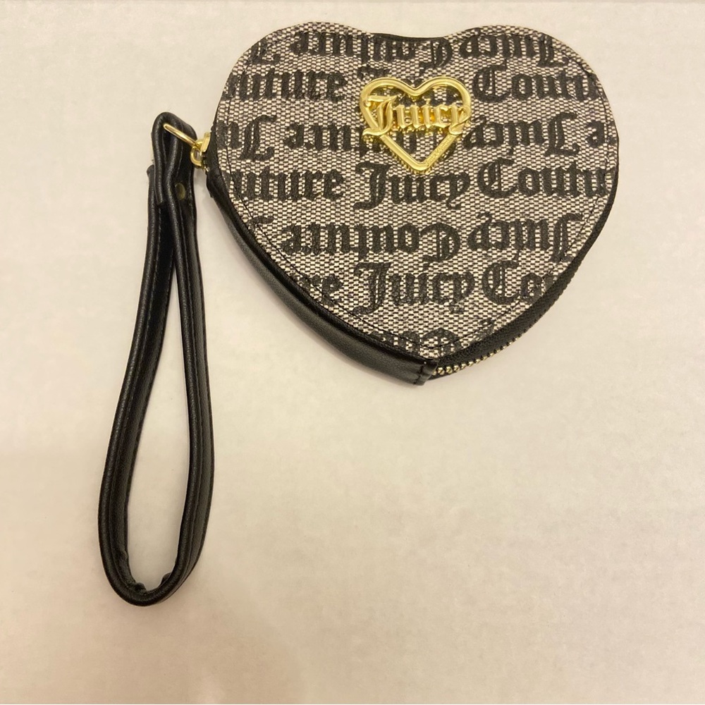 Juicy Couture Heart-Shaped Black and Gold Logo Zip Around Clutch Wristlet.